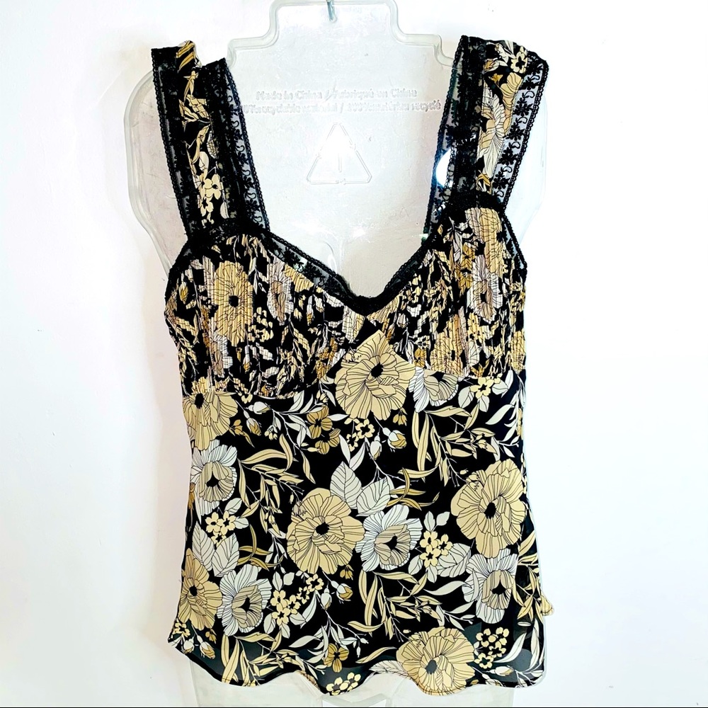 NEW Monteau Black and beige graphic floral tank top lace lined straps Size XS